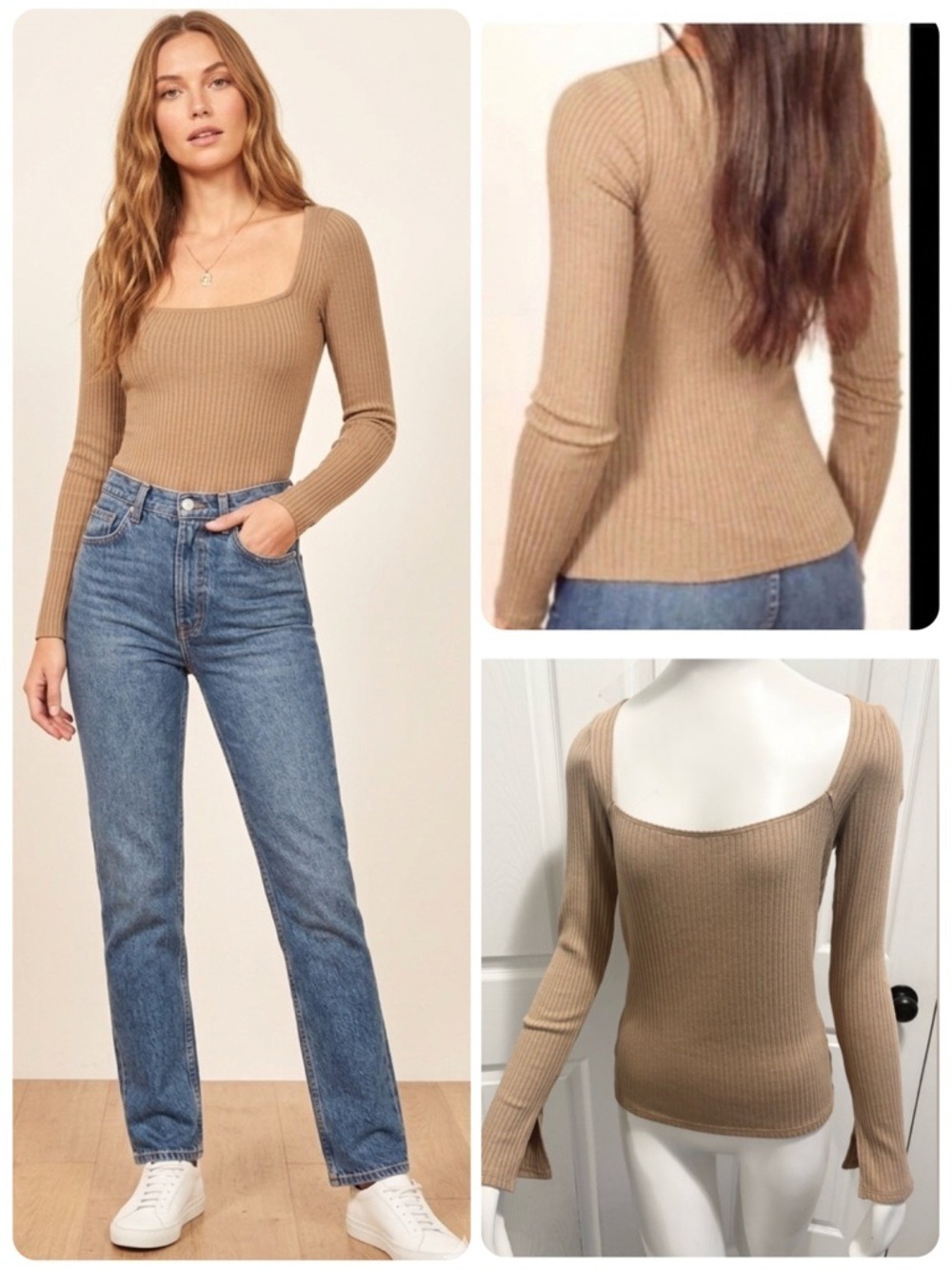 Reformation Bethany Ribbed Knit Top Tan Tencil Spandex Blend Split Sleeves Large